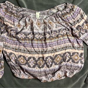 Forever 21 Y2K Lavender & Gray Off-Shoulder Printed Peasant Crop Top